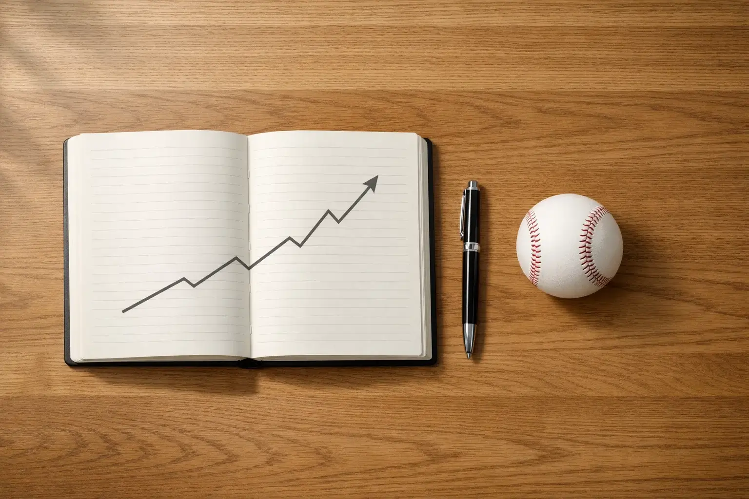 Bankroll management bij honkbal wedden — notitieboek met pen en een simpele grafiek