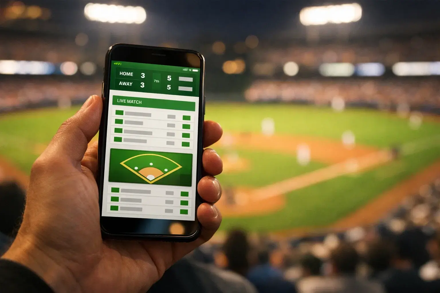 Cash-out bij honkbal weddenschappen — hand met smartphone bij een honkbalwedstrijd