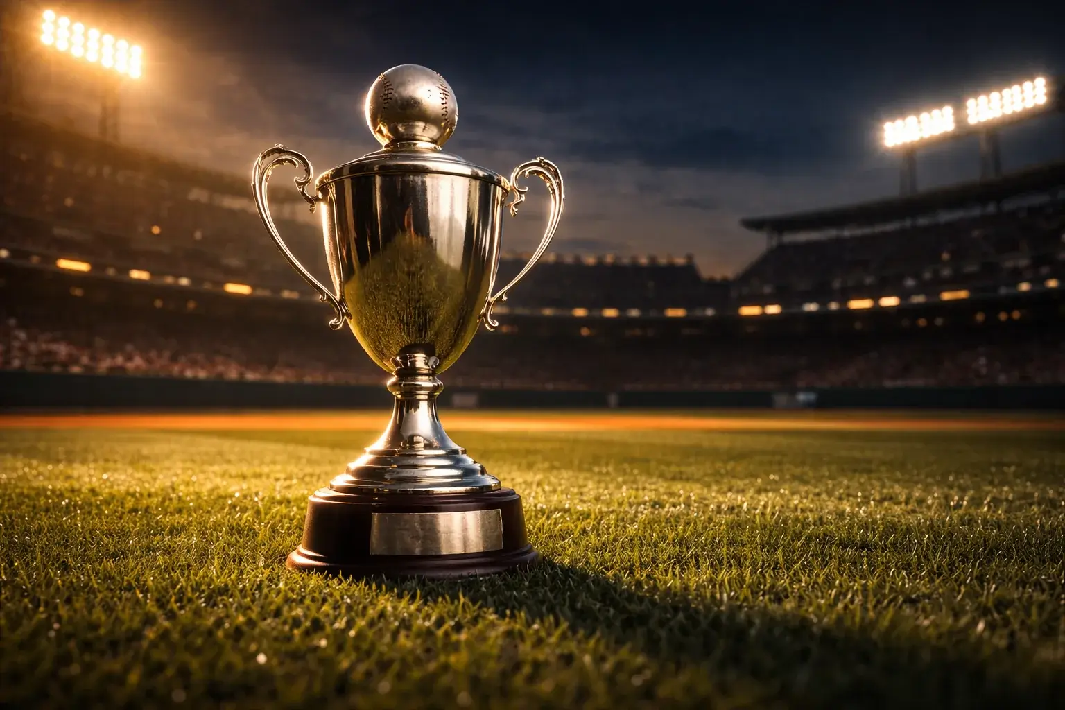 Futures en outright weddenschappen bij honkbal — honkbalstadion met kampioenstrofee