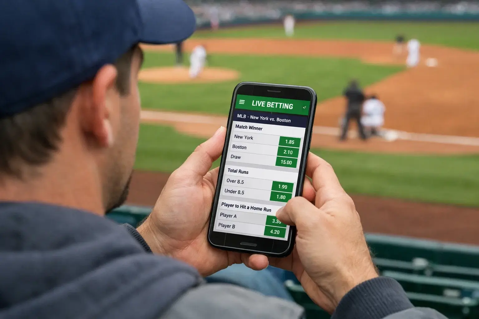 Live odds op een honkbal scorebord tijdens een MLB-wedstrijd