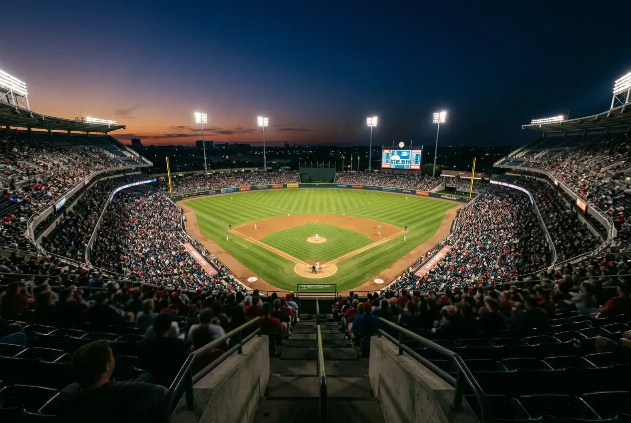 Over/under wedden op honkbal — honkbalstadion bij avondlicht met verlicht scorebord