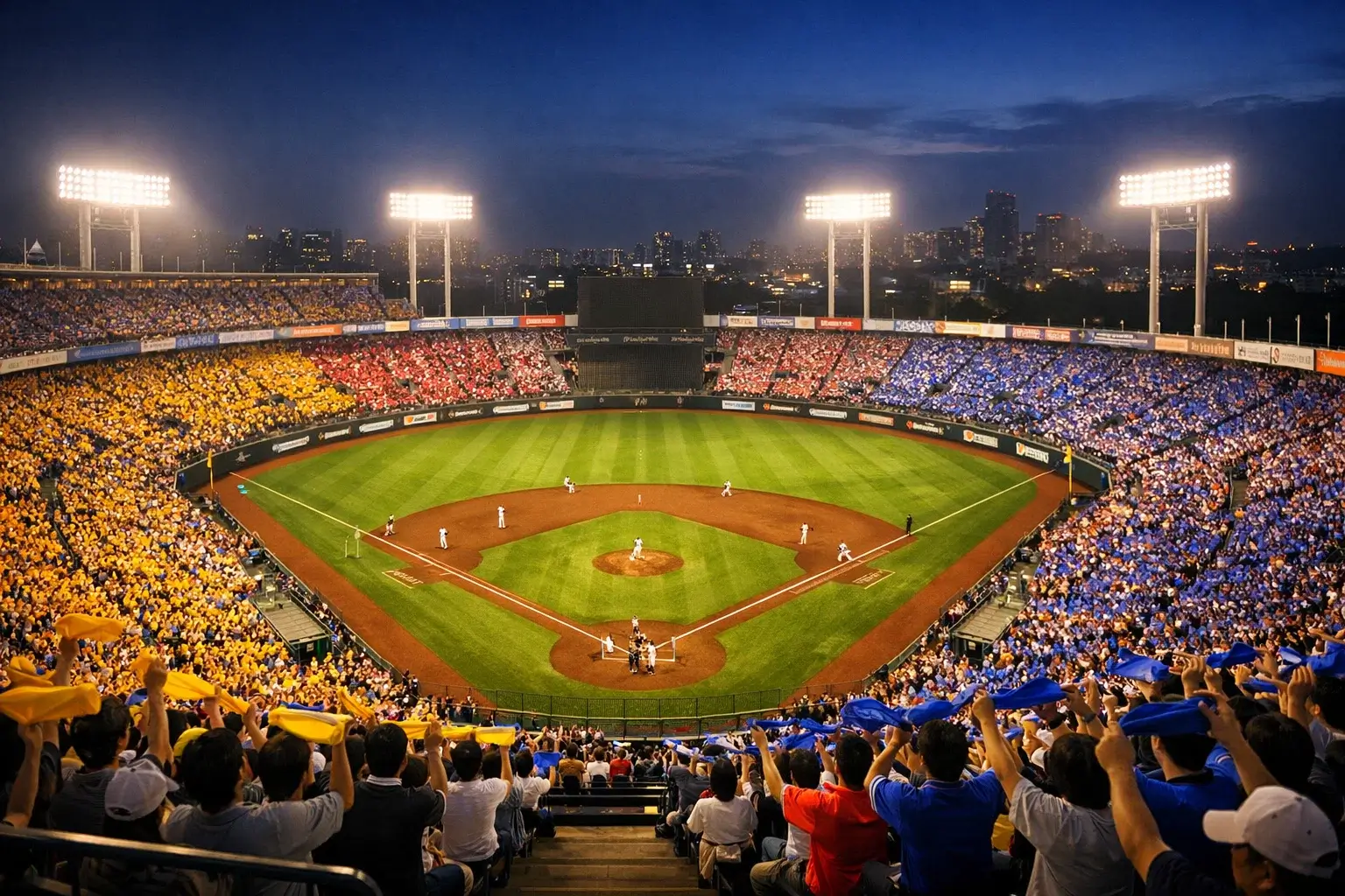 Wedden op KBO en NPB Aziatisch honkbal — Japans honkbalstadion bij avondlicht