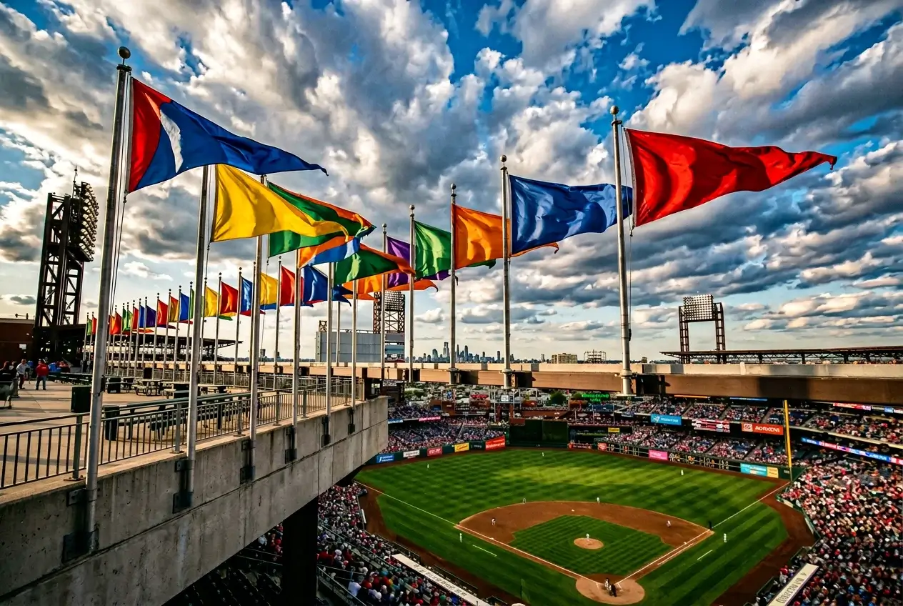 Weer en honkbal weddenschappen — windvlaggen wapperen bij een honkbalstadion